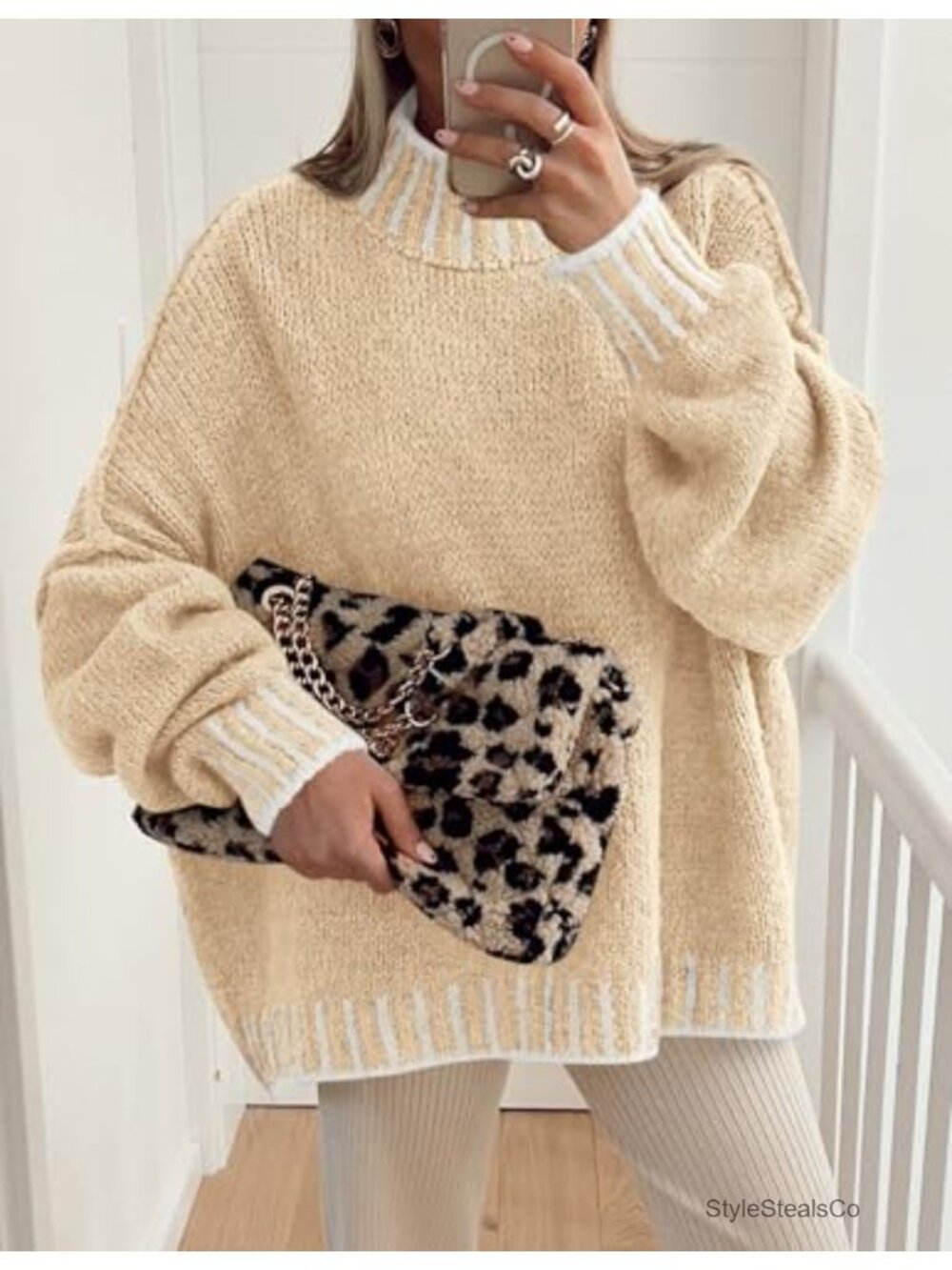 Mock Neck Oversized Pullover Sweater Chunky Knit Tunic Top Long Sleeve Loose Fit - Picture 3 of 6